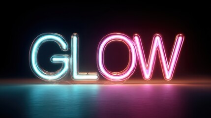 Glow neon word glowing on black background with shiny surface reflections in turquoise and pink colors showing positive energy