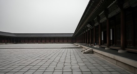 Fototapeta premium Ancient Asian Architecture Courtyard Stone Pavement Wooden Columns Traditional Building