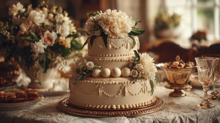 Fototapeta premium Elegant wedding cake decorated with cream flowers on a beautifully decorated table