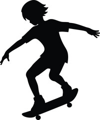 Silhouette of a Young Person Performing a Skateboarding Trick on a Board. Skateboarder Trick Silhouette, Young Rider Performing Aerial Skateboarding Stunt Vector Art. 