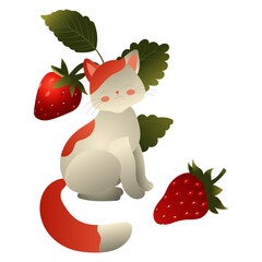White cat with red spots and ripe strawberries. Vector illustration isolated on white background.