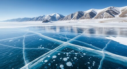 Frozen Lake with Methane Bubbles and Mountain Range in Background