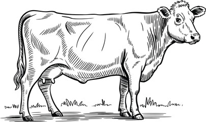 A detailed black and white drawing of a cow standing in a field of short grass