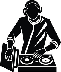 Energetic Disc Jockey Playing Music on Turntables at a Party. DJ Silhouette,  Energetic Disc Jockey Spinning Music on Turntables at a Party Vector Art.
