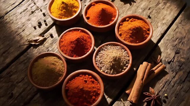 Aromatic Spices Turmeric Paprika Chili Powder Cumin Coriander Cinnamon Star Anise Rustic Wooden Background Indian Cuisine Cooking Ingredients Food Photography High Resolution Stock Footage Culinary