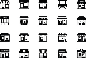 Illustration of various shop and store front icons in a grid pattern on white background