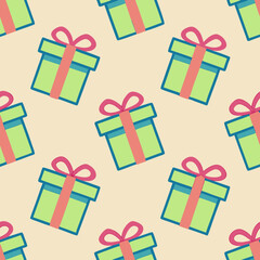 Bright seamless pattern with wrapped presents and bow displayed across beige backdrop. Bright seamless pattern with wrapped presents presents festive and joyful concept,