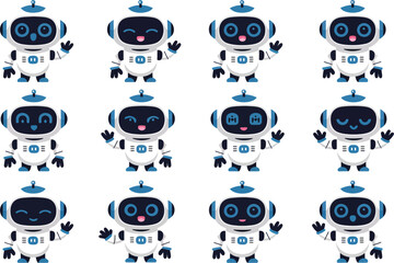 Collection of twelve cartoon robots with different expressions on a pink background