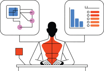 A person sitting at a desk with diagrams and charts floating above their head in white space