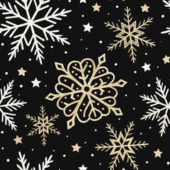 Elegant seamless Christmas pattern with golden snowflakes for festive decor. Elegant seamless Christmas pattern with stylized stars and polka dots creates a holiday spirit.