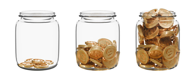 A transparent glass jar partially and full filled with coins. spare change concept, Savings, budgeting, financial growth, or collecting