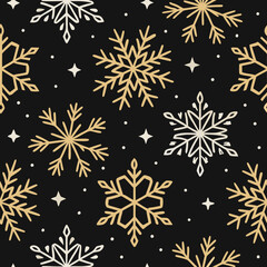 Elegant seamless Christmas pattern with golden snowflakes creates winter magic. Elegant seamless Christmas pattern showcases shining golden snowflakes and twinkling stars on black background.