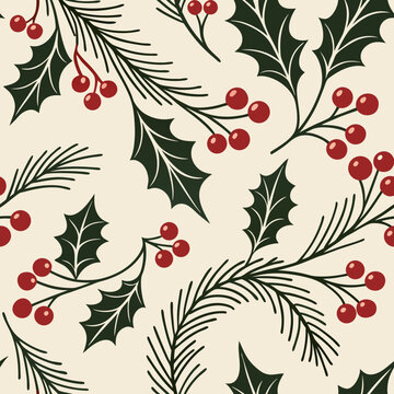 Classic seamless Christmas pattern with holly leaves and berries for festive backgrounds. Classic seamless Christmas pattern depicts branches with red berries and holly leaves,