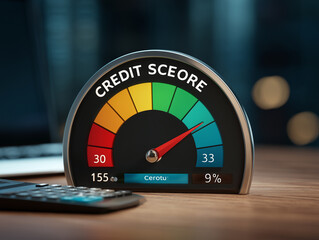 Modern Credit Score Gauge Illustration – Sleek Black and Silver Meter Showing Good Financial Rating on Wooden Desk