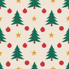 Fototapeta premium Repeating festive pattern with Christmas trees, stars, and ornaments for holiday cheer. Repeating festive pattern shows evergreen trees, golden stars, and vibrant red ornaments,