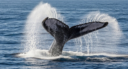 Powerful tail of large ocean dweller disrupts the calm surface with an explosive water release