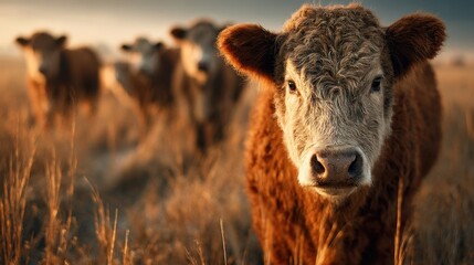 Fototapeta premium Cows grazing in a golden field at sunset in rural america, livestock facing the camera in the american midwest