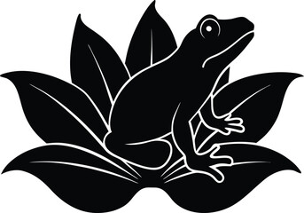 Silhouetted Frog Perched Atop a Beautifully Rendered Lotus Flower Bloom. Frog on Lotus Flower Silhouette,  Peaceful Amphibian Perched on Bloom Vector Art.