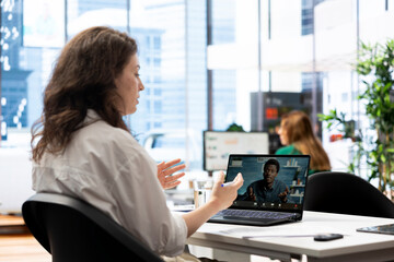 HR expert negotiating job offers and salary packages with candidate during videocall chat....