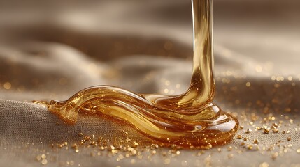 Gold liquid pouring onto a shimmering gold textile surface, creating a glossy and reflective effect, with a smooth flow and luxurious appearance