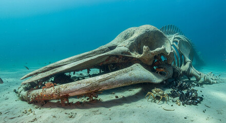 Massive leviathan remains resting on the ocean floor amidst scavenging marine creatures