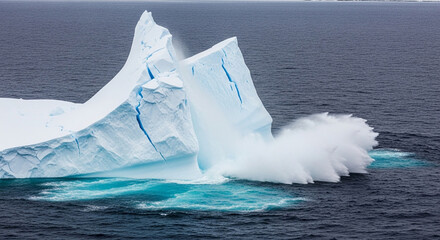 Massive Glacial Iceberg Calving Event into Cold Ocean Waters Creating Huge Splash