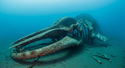 Ancient whale skeleton resting on the deep ocean floor among the seabed remains