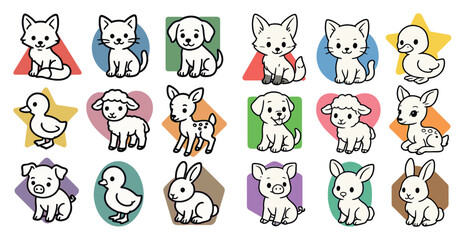 Fototapeta premium Cute cartoon animals with colorful backgrounds in a grid pattern.