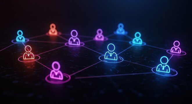 Neon stylized human figures connected by lines on a dark background.