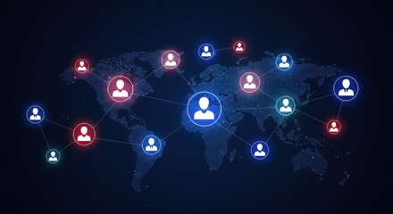 Network of glowing people icons over a world map on a dark background.