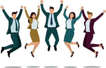 Group of happy business people jumping with joy celebrating success and teamwork in colorful suits vector illustration