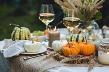 Fall table decoration with pumpkins, wine. Family thanksgiving dinner arrangement outdoors in the...