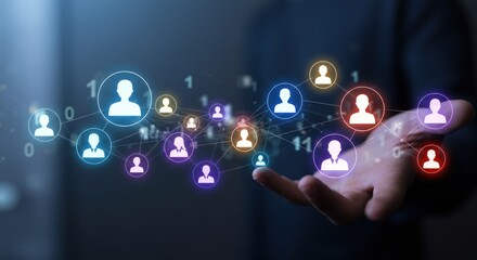 Hand presents glowing digital icons representing people network connection and communication.