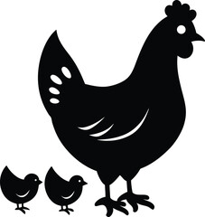 A Black Silhouette of a Hen Standing Next to Two Small Chicks on a White Background. Hen and Chicks Silhouette, Mother Hen with Two Chicks Vector Art on White Background. 