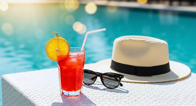 A refreshing red cocktail with an orange slice sits beside a white hat and sunglasses by a sparkling blue swimming pool, embodying summer vacation and relaxation
