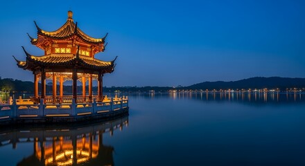 Evening Serenity Illuminated Pavilion by Calm Water