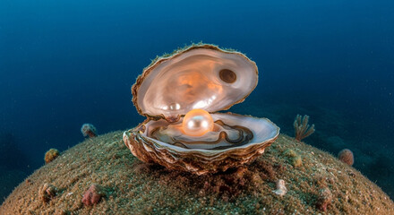 Luminous Pearl Revealed Within Open Oyster Shell Resting on the Deep Ocean Floor