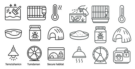 Hamster care line icons: cages, food, accessories, wheels, bowls.