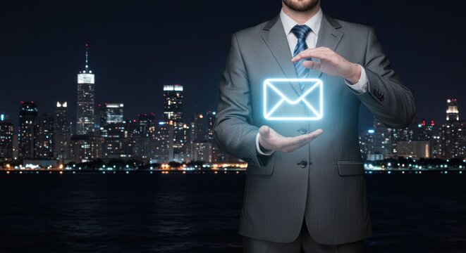 Man in suit holds glowing email icon over cityscape at night.