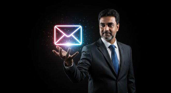 Man in suit holds glowing envelope icon against a black background.