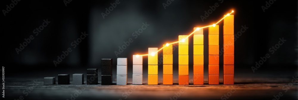 Poster Stacked Bar Chart Displaying Growth With a Radiant Light Trail on a Dark Neutral Background Showcasing Data Trends and Progress