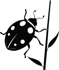 Illustrative Silhouette of a Ladybug Climbing a Plant Stem with Leaves. Ladybug on Plant Silhouette,  Insect Climbing Stem with Leaves Vector Art.