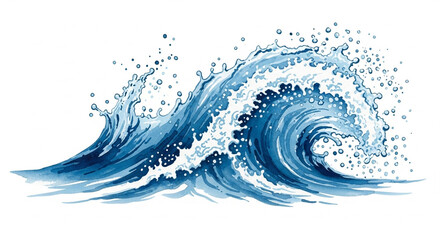 Dynamic blue ocean wave illustration cresting with foamy spray on white background