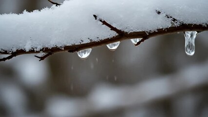 Snow-covered branch with melting snow and dripping icicles - Powered by Adobe