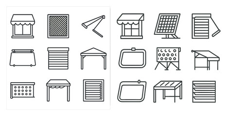 Various types of awnings and canopies shown in grid.