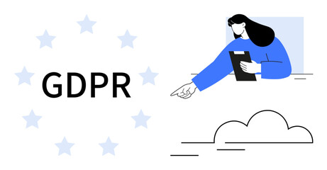 Fototapeta premium GDPR text with stars symbolizing data protection, woman holding tablet and pointing towards cloud, emphasizing compliance, privacy, and technology. Ideal for legal, tech, data security, compliance
