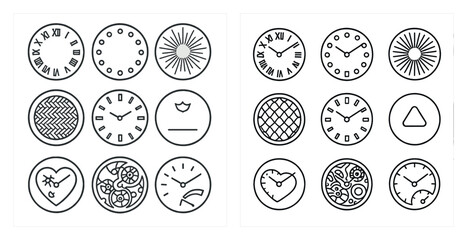 Sixteen circular designs featuring clocks and various abstract patterns.