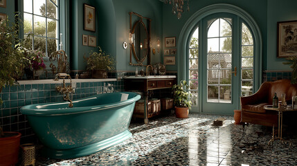 Jasna łazienka w odcieniach turkusu i zieleni z wolnostojącą wanną, dużymi oknami i roślinami. Elegancki i relaksujący wystrój.