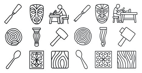 Woodworking tools, masks, and patterns in a grid layout.