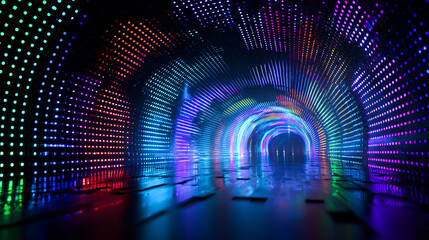 Futuristic neon tunnel with glowing blue and pink circular arches reflected on a wet surface.